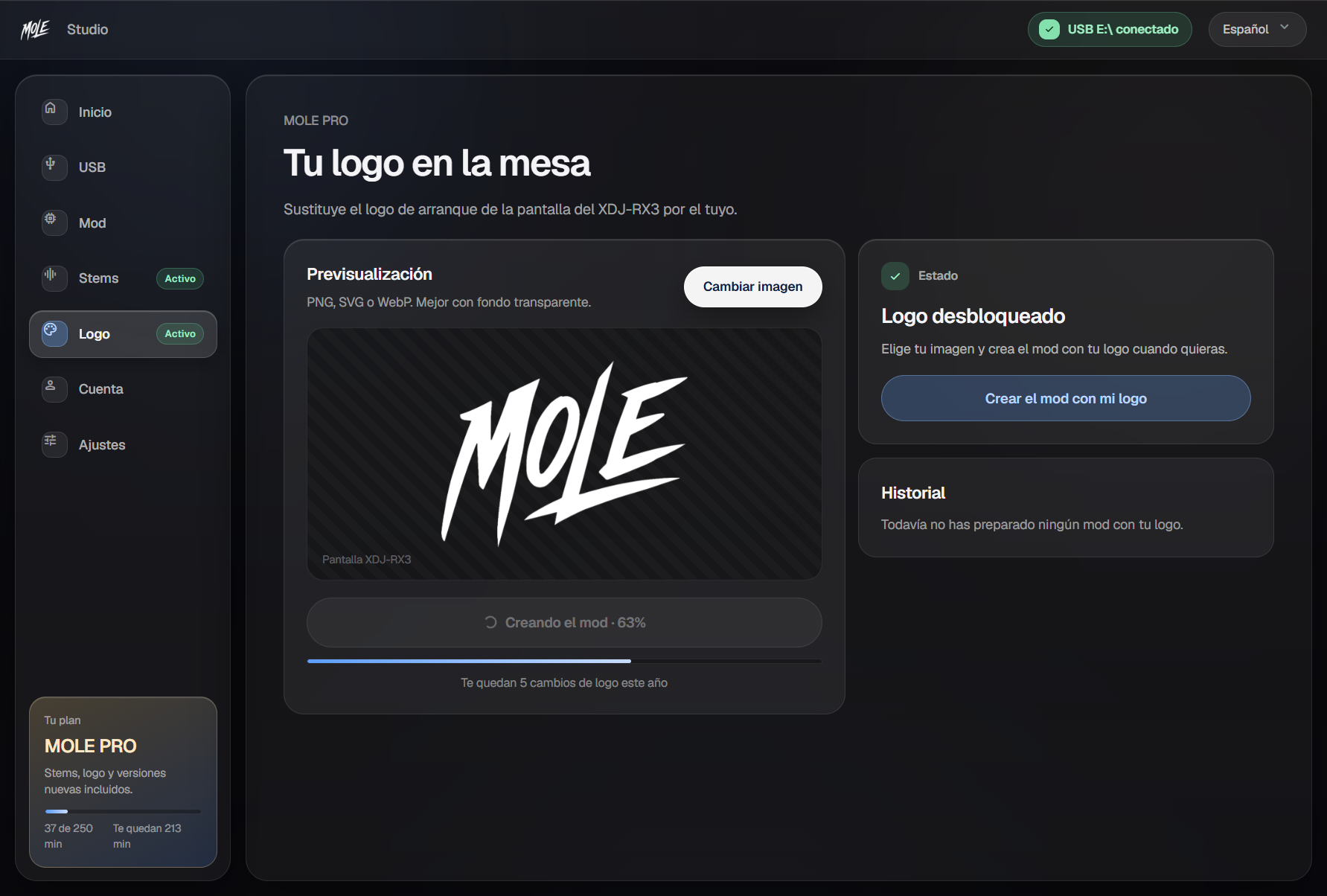 MOLE Studio preparando tu logo para la pantalla del RX3